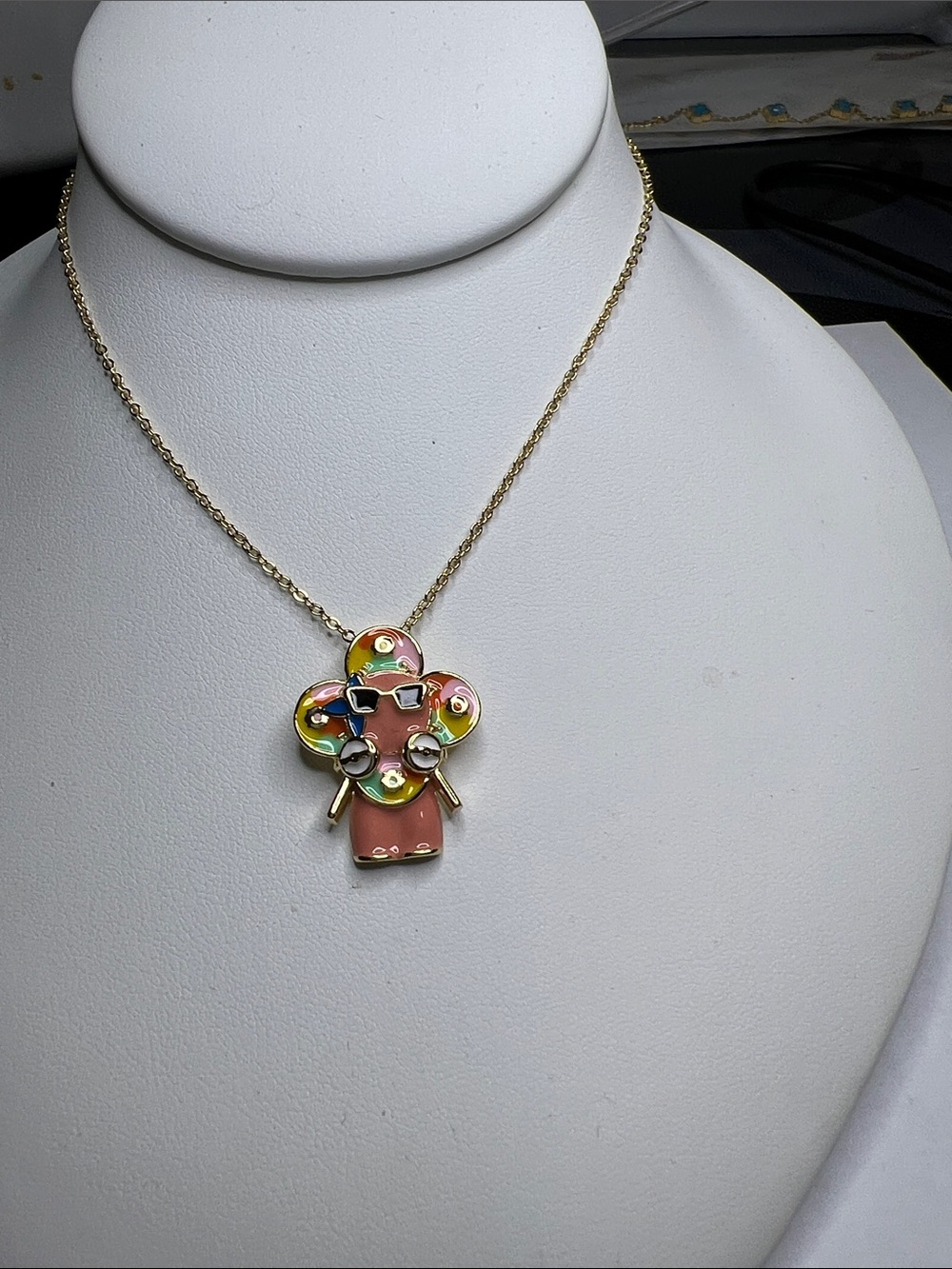 Gold-Filled Pink Enamel Floral LV Vivienne Pendant Necklace